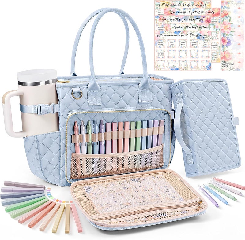 FLOE Large Bible Bag with Bible Cover Case for Women, Quilted Church Tote Bag Book Carrying Case w/Shoulder Strap,Bible Study Supplies Journaling Kit Accessories Valentines Day Christian Gift for Women Her - Image 1